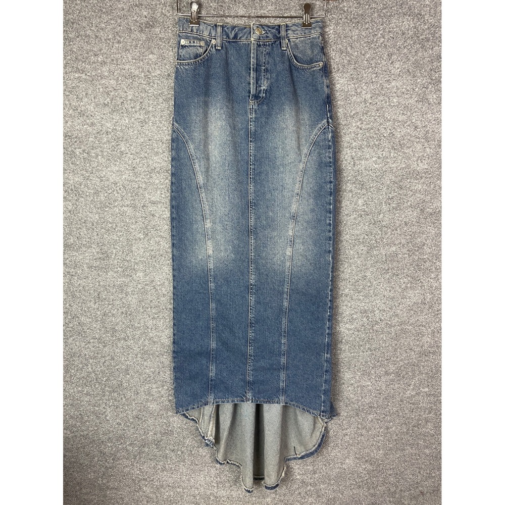 Topshop Womens Blue High Waist Denim Maxi Skirt High Low Hem Size US 4